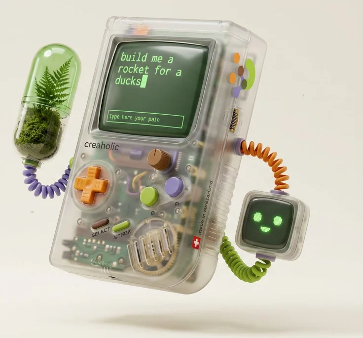 A translucent handheld console floating in mid-air: circuit boards, gears and a fern sealed inside, a small robot companion on one arm, its screen reading “build me a rocket for a ducks”